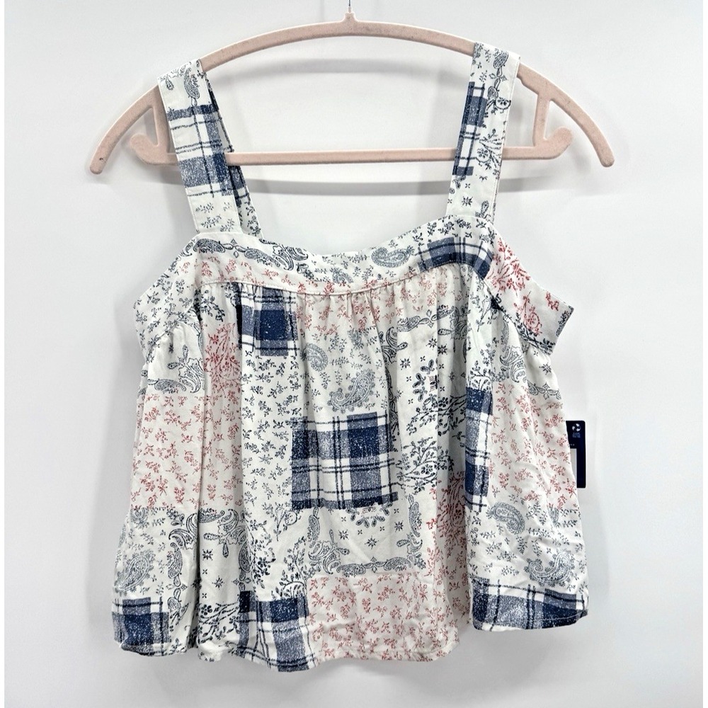 VTG Patchwork Babydoll Plaid Floral Red White Blue Top Medium American Deadstock